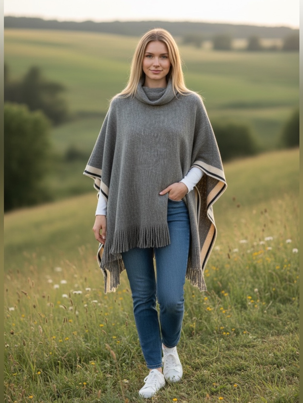 DKR Knit Cowlneck Fringe Poncho Sweater-Size OS